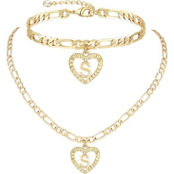 Gold Initial Pendant Necklace Anklet Bracelet for Women 14K Gold Plated Figaro - Picture 1 of 8